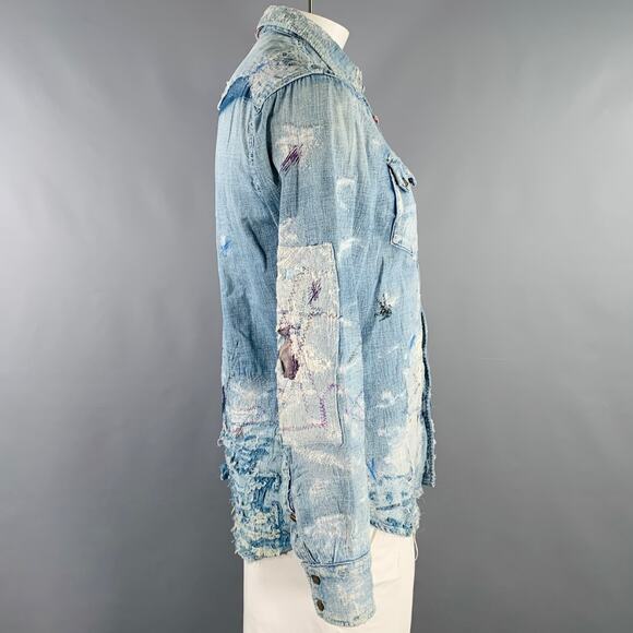 KAPITAL Size L Indigo Distressed Denim Snaps Long Sleeve Shirt - Picture 2 of 6